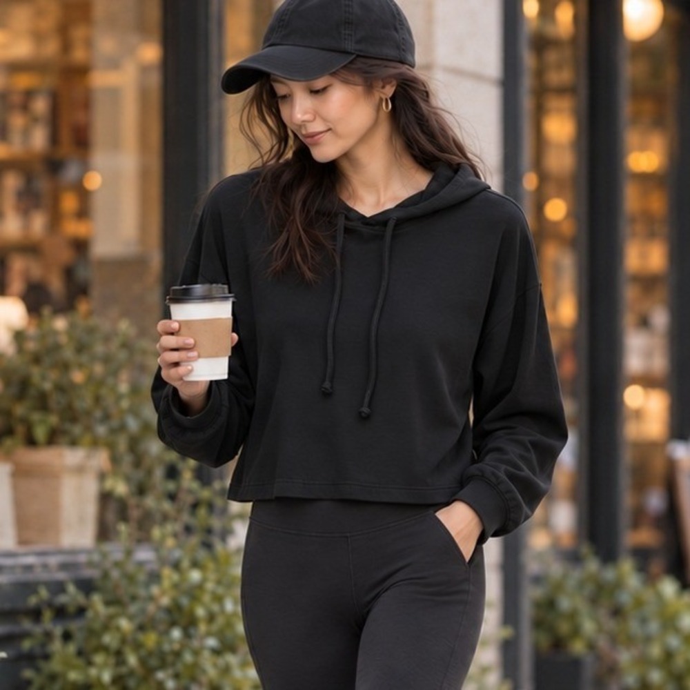 Girlfriend Collective Black Reset Cropped Hoodie Large Athleisure Pullover